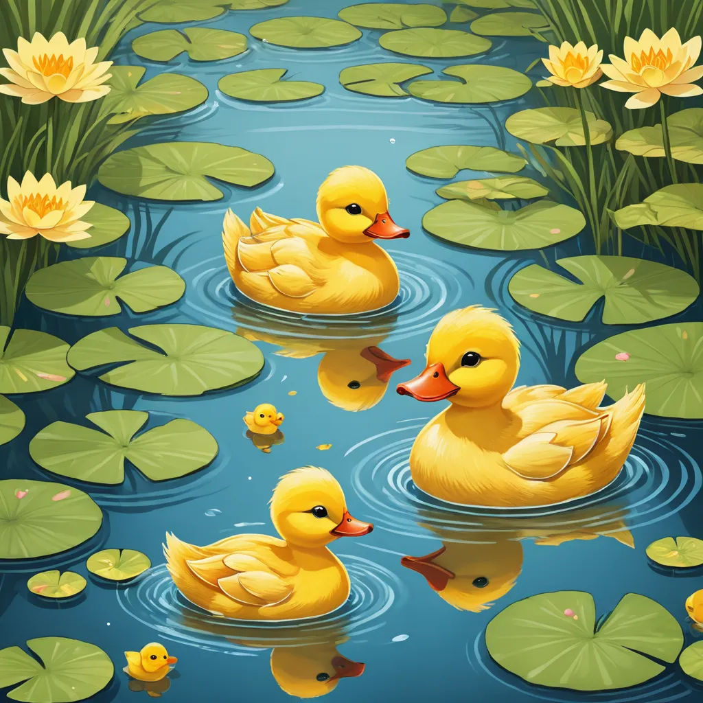 a group of ducks floating on top of a pond of water lilies next to lily pads and yellow flowers, environmental art, a storybook illustration, Anne Said, highly detailed digital painting