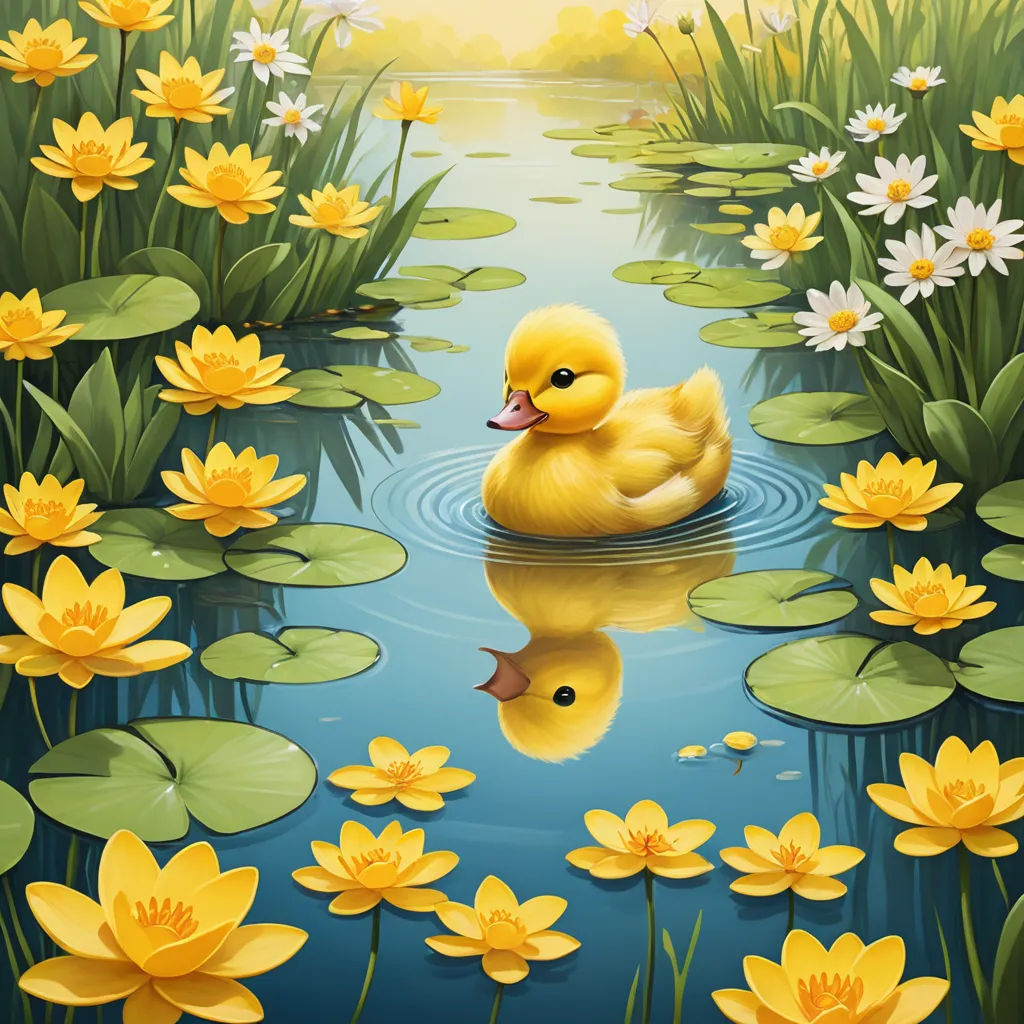 a duckling floating in a pond of water surrounded by yellow flowers and lily pads with a sun in the background, ecological art, a storybook illustration, Anne Said, highly detailed digital painting