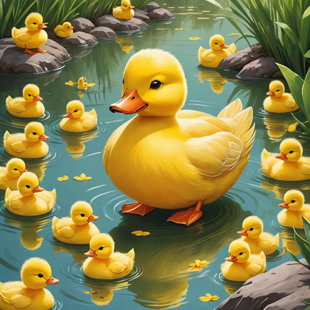 a duck with her ducklings in a pond of water with rocks and grass in the background, and a large group of ducks in the water, massurrealism, a storybook illustration, Anne Said, trending on furaffinity