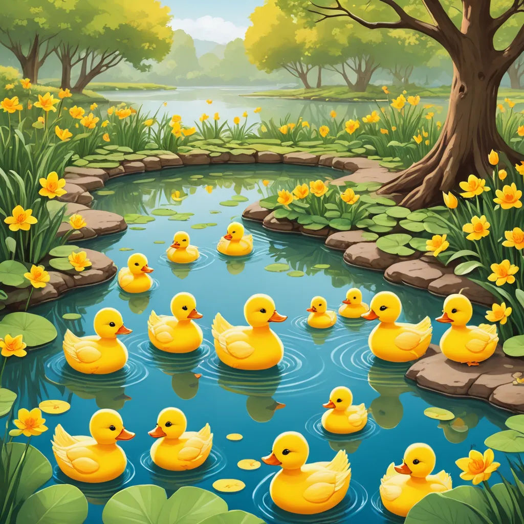 a pond with many ducks and lily pads in it and a tree in the background with yellow flowers and leaves, environmental art, a storybook illustration, Anne Said, nature