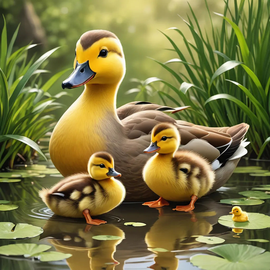 a duck with two ducklings in a pond of water with lily pads and green grass in the background, photorealism, a digital painting, Anne Said, highly detailed digital painting