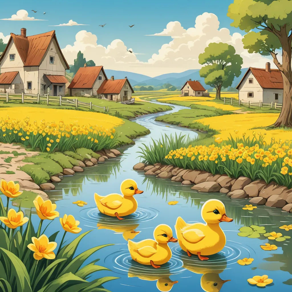 a painting of a duck family in a pond with yellow flowers and a house in the background with a stream running through it, american scene painting, a storybook illustration, Chris LaBrooy, storybook illustration