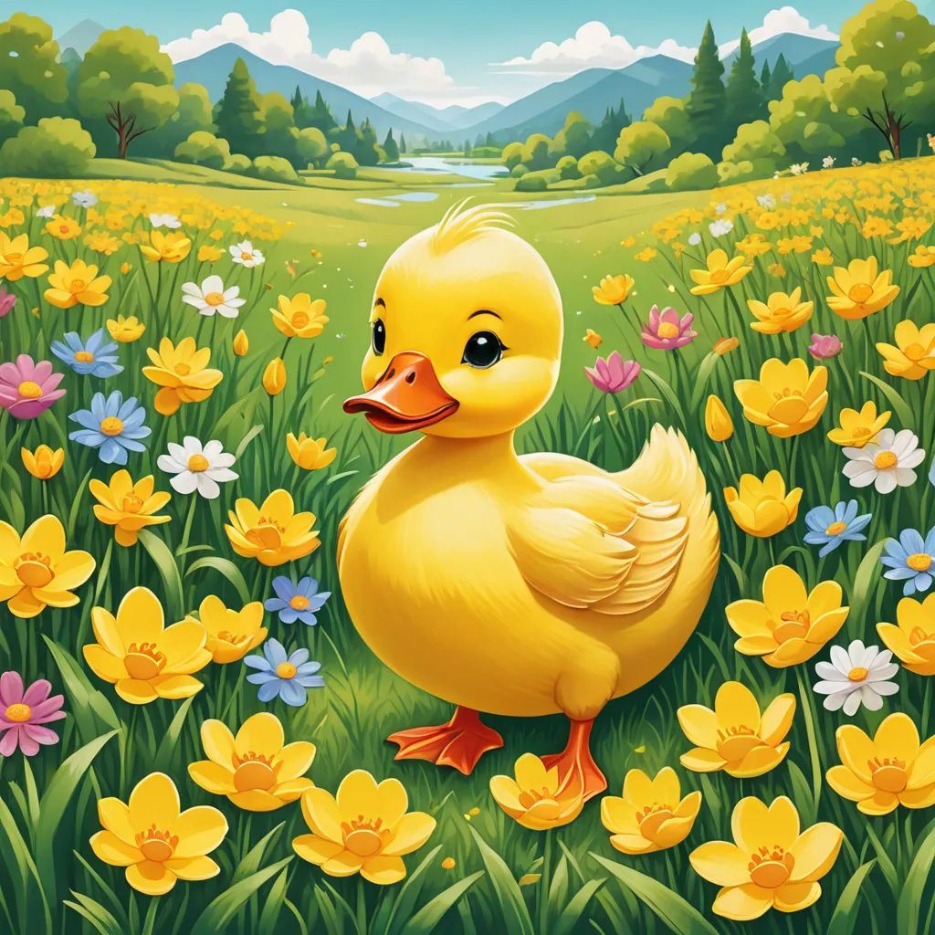 a duckling sitting in a field of flowers with a mountain in the background and a river running through it, naive art, a storybook illustration, Anne Said, highly detailed digital art