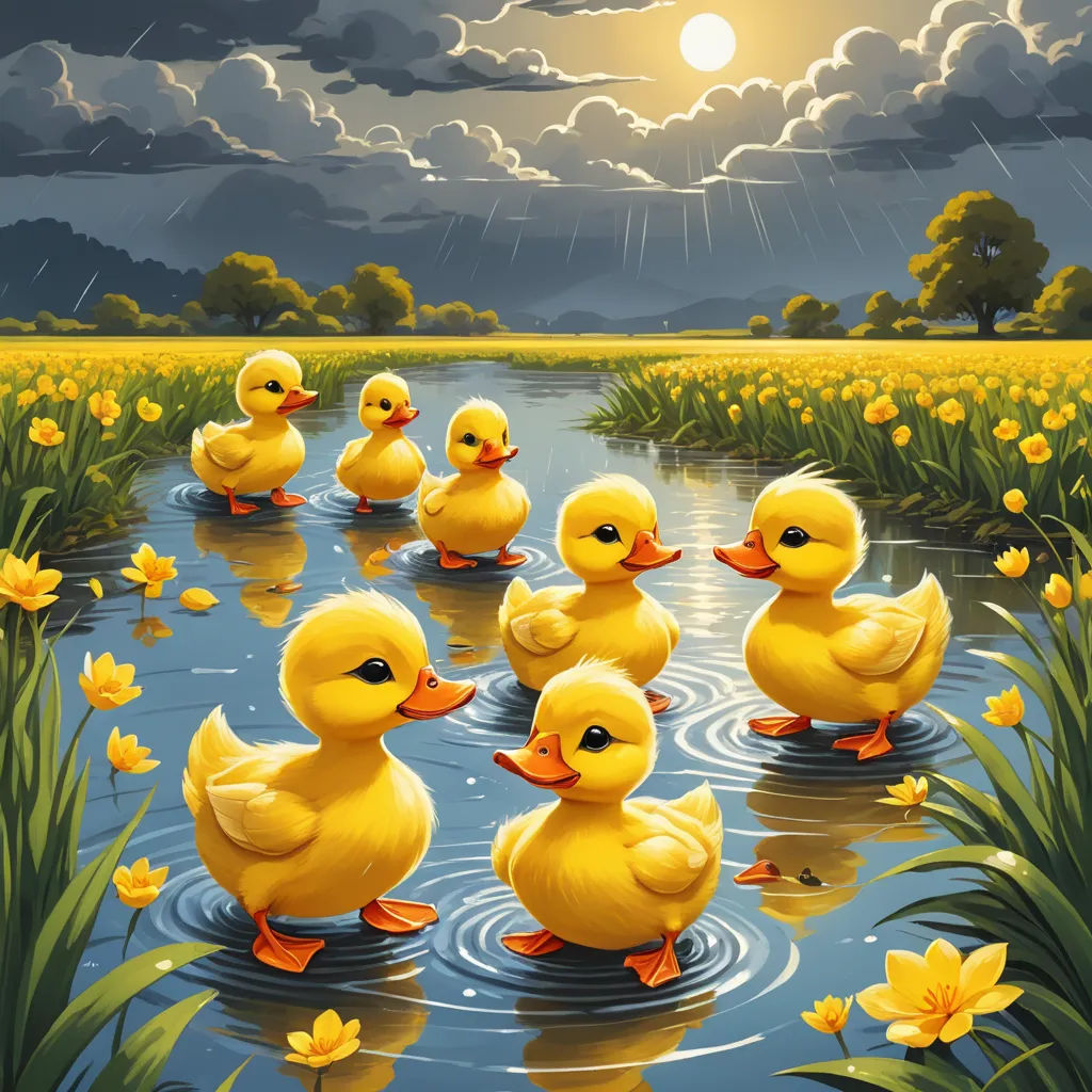 a painting of a group of ducks in a pond with yellow flowers in the background and a sun shining down, magic realism, a storybook illustration, Anne Said, yellow