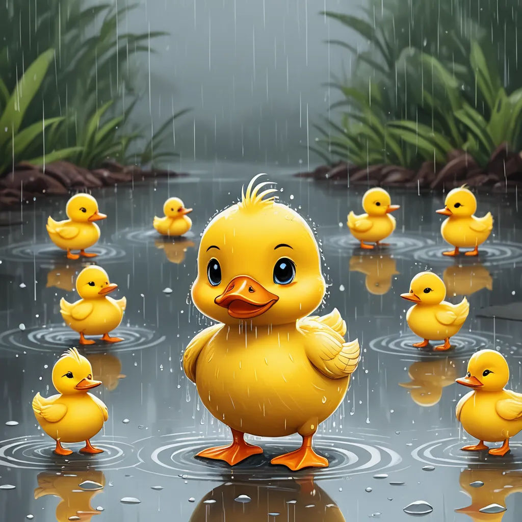 a group of yellow ducks are in a puddle of water with a green plant in the background and a black umbrella, computer art, a storybook illustration, Andries Stock, rain