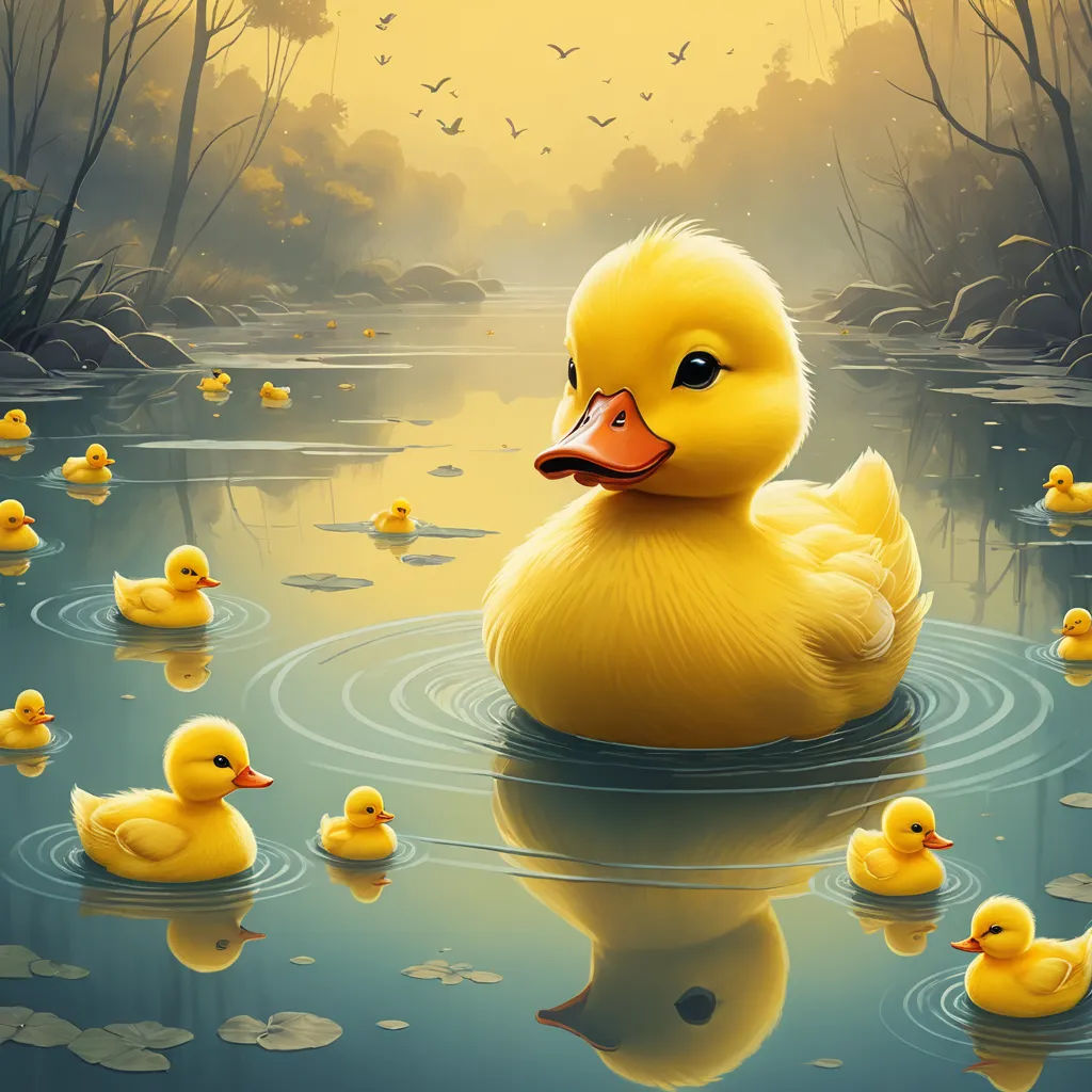a ducky with a duckling in the water with ducks in the background and a sunset in the background, massurrealism, a digital painting, Anne Said, 4 k hd wallpaper