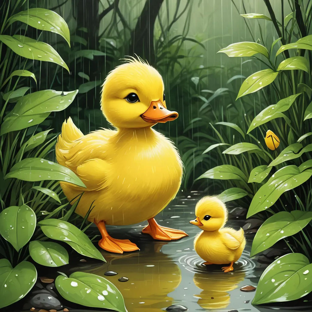 a mother duck and her baby duckling in a tropical swampy area with leaves and water droplets on the ground, massurrealism, a storybook illustration, Anne Said, storybook illustration