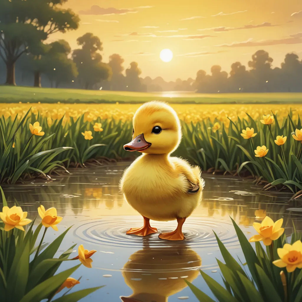 a duckling is standing in a pond of water with yellow flowers in the background and a sunset in the sky, symbolism, a storybook illustration, Chris LaBrooy, 4 k hd wallpaper