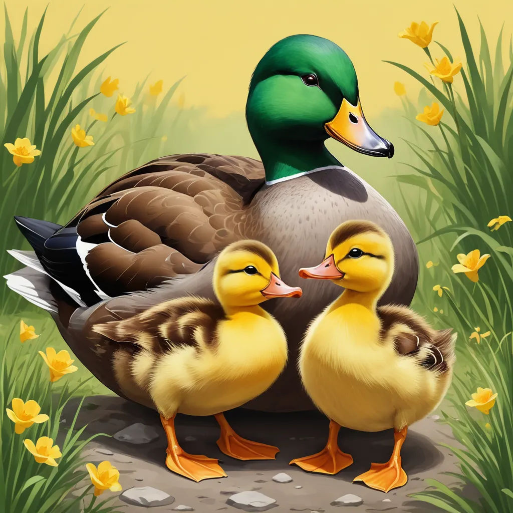 a painting of two ducks and two baby ducks in a field of flowers and grass with yellow flowers in the background, naive art, a digital painting, Anne Said, highly detailed digital painting