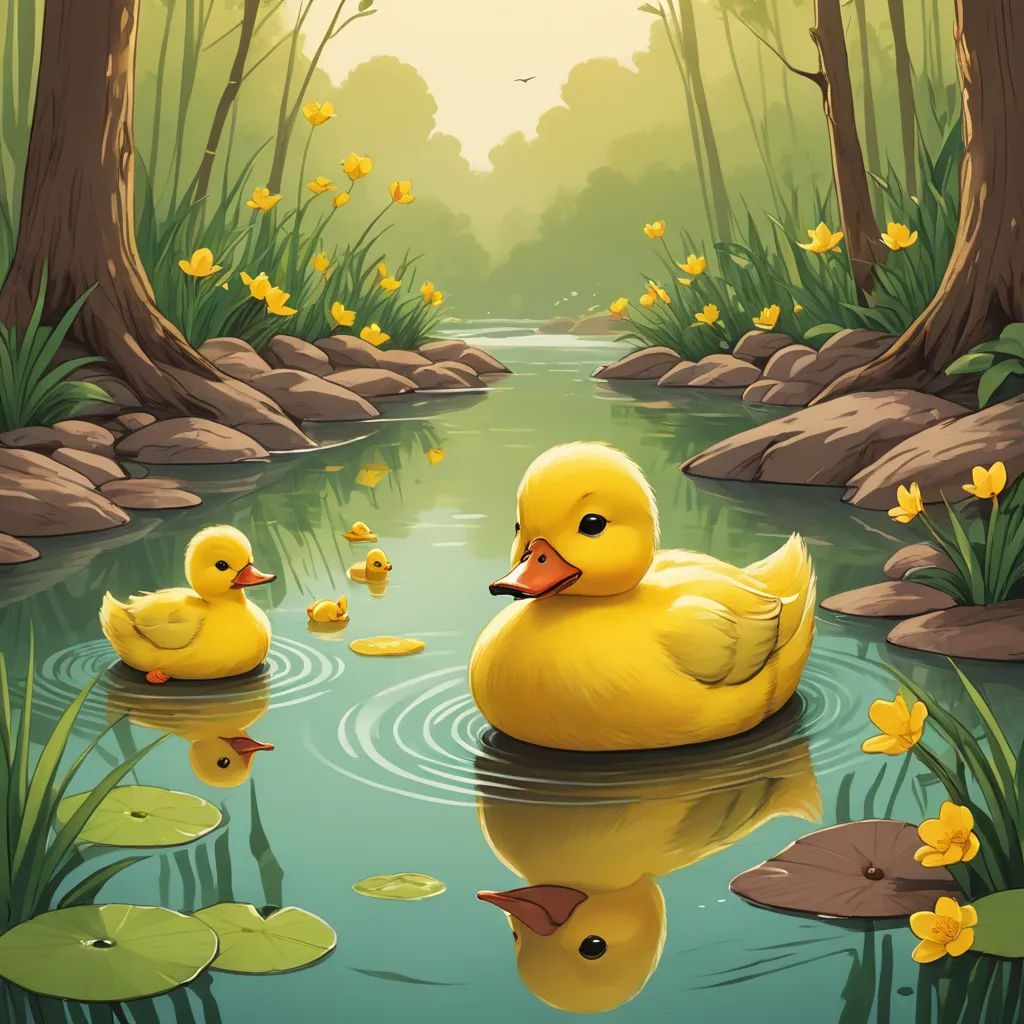 a duck and two ducks in a pond with lily pads and trees in the background, with a sunlit forest and a stream, environmental art, a storybook illustration, Chris LaBrooy, storybook illustration