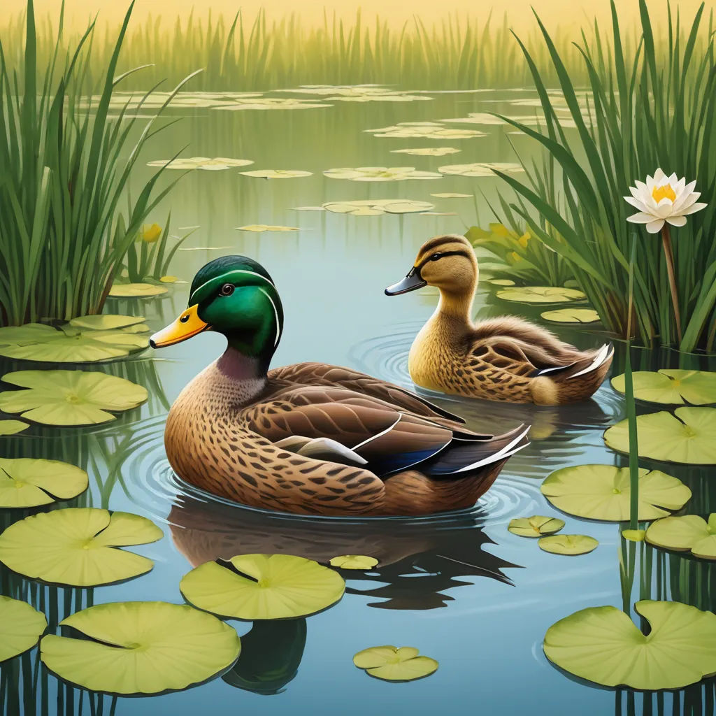 two ducks are swimming in a pond with lily pads and water lilies in the background, with a yellow sky, ecological art, an airbrush painting, Andries Both, highly detailed digital painting