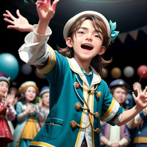 a young boy in a blue jacket and hat is dancing with balloons in the background and a group of people in costume