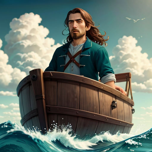a man in a boat in the middle of the ocean with a bird flying above him and a bird flying above him