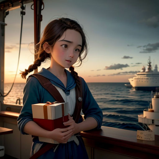 a girl holding a box on a boat in the ocean at sunset with a ship in the background and a boat in the water