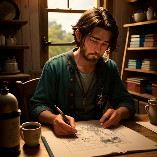 a man sitting at a table with a pen and paper in front of him and a cup of coffee