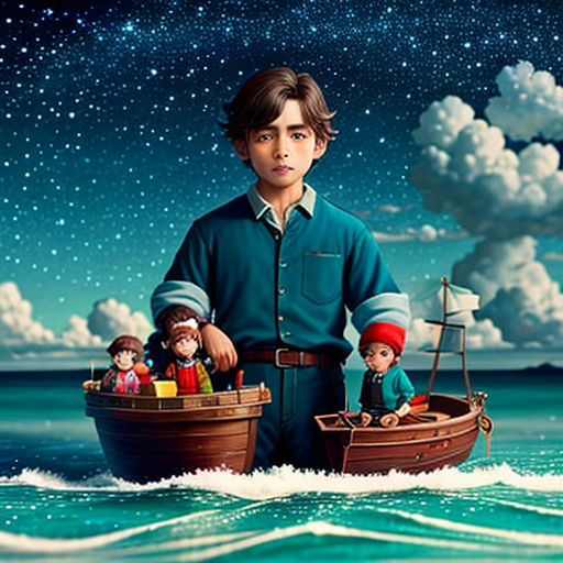 a boy standing on a boat in the ocean with other children on it and a sky full of stars