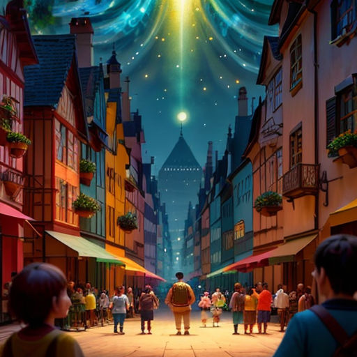 a scene from the animated movie the little prince with a large crowd of people standing in front of a city street