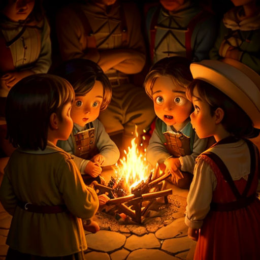 a group of children standing around a fire pit with a fire in it's center and a man standing next to it