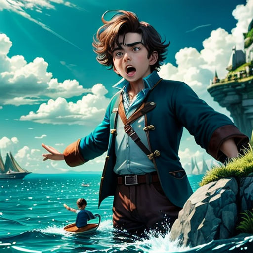 a boy in a suit standing in the water with a boat in the background and a man in a boat in the water