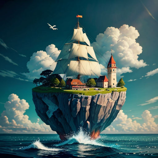 a boat floating in the ocean near a small island with a lighthouse on top of it and a bird flying over it