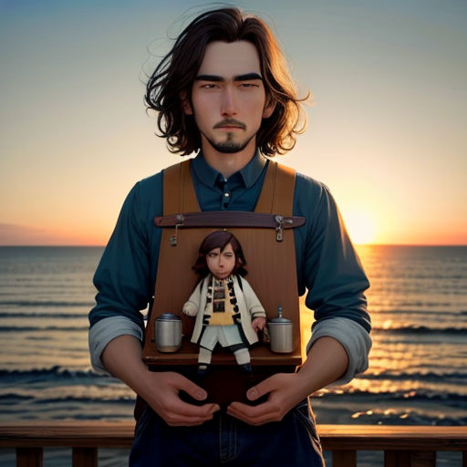 a man holding a doll in front of a picture of a woman on a suitcase with a sunset in the background