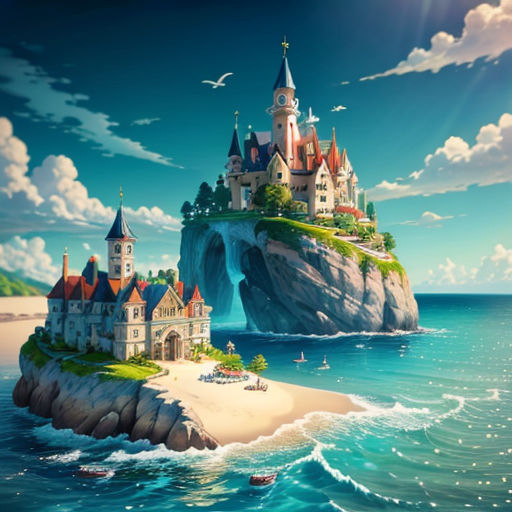 a painting of a castle on a small island in the ocean with a boat in the water and a boat in the water