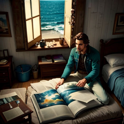 a man sitting on a bed reading a book in a room with a window and a view of the ocean