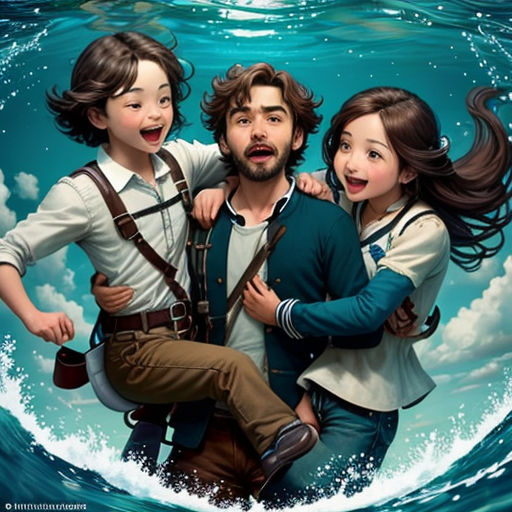 a painting of three people in the water with a sky background and a wave behind them, and a man and a woman with a beard and a beard