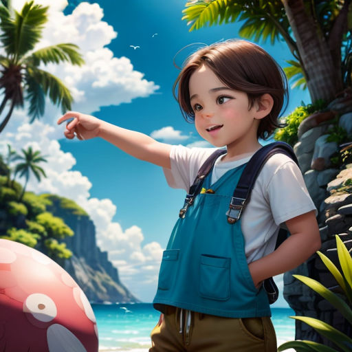 a young boy pointing at a mushroom on the beach with a giant mushroom in the foreground and a palm tree in the background