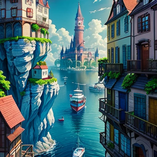 a painting of a city with a castle on the cliff and boats in the water below it, and a boat in the water below