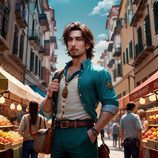 a man standing in a street with a bag of fruit in his hand and a woman in the background