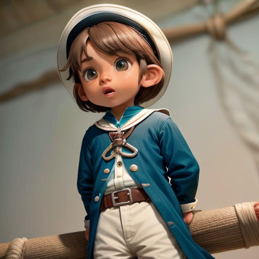a boy in a blue coat and hat standing on a wooden pole with a rope in his hand and a pirate hat on his head