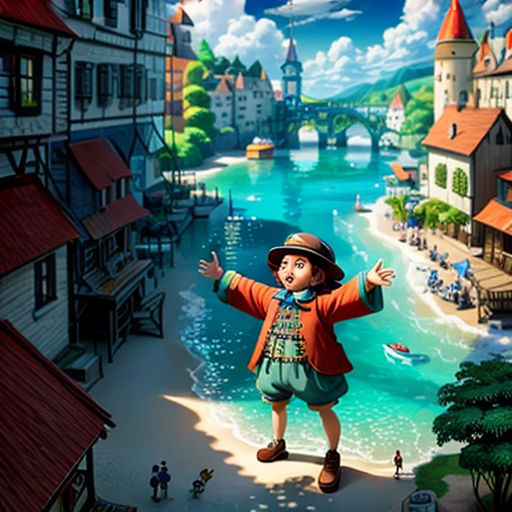 a cartoon character is standing in front of a town and a river with a bridge in the background and a boat in the water