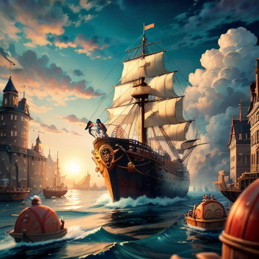 a painting of a ship in the ocean with other ships in the background and a sunset in the sky