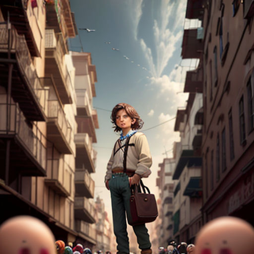 a woman standing in the middle of a street with balloons in the air and buildings in the background with a sky background