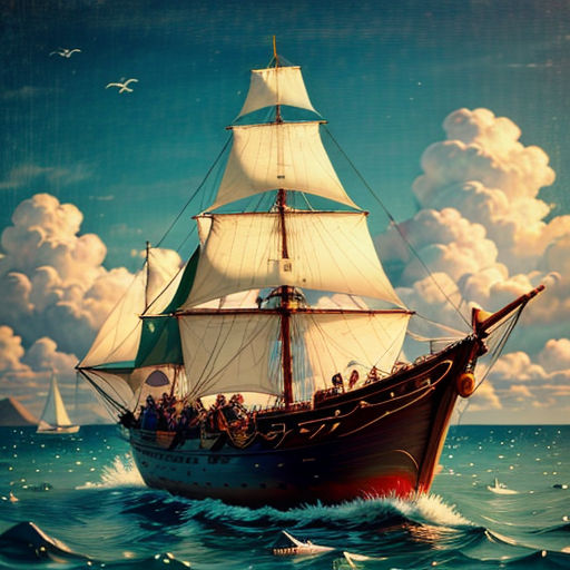 a painting of a boat in the ocean with a sky background and clouds in the sky above it, and a bird flying over the water