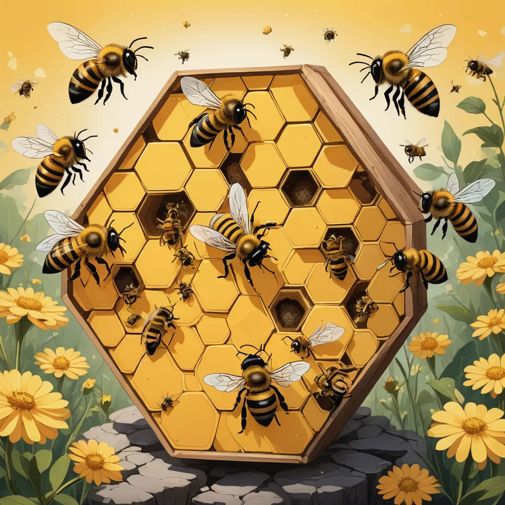 a bunch of bees are in a honeycomb surrounded by flowers and bees on a rock with a yellow background, environmental art, an album cover, Dan Mumford, josan gonzales and dan mumford