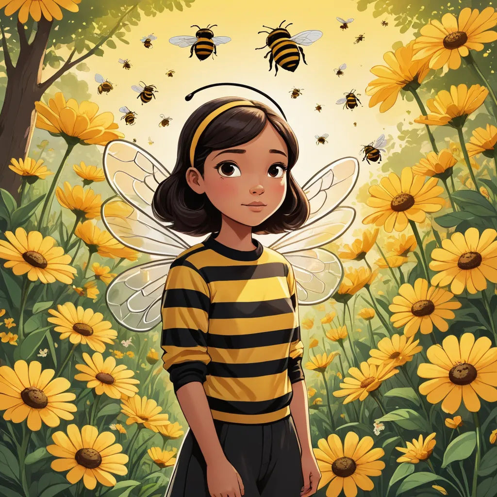 a girl in a bee costume standing in a field of sunflowers with a bee flying over her head, fantasy art, a storybook illustration, Cliff Childs, comic cover art