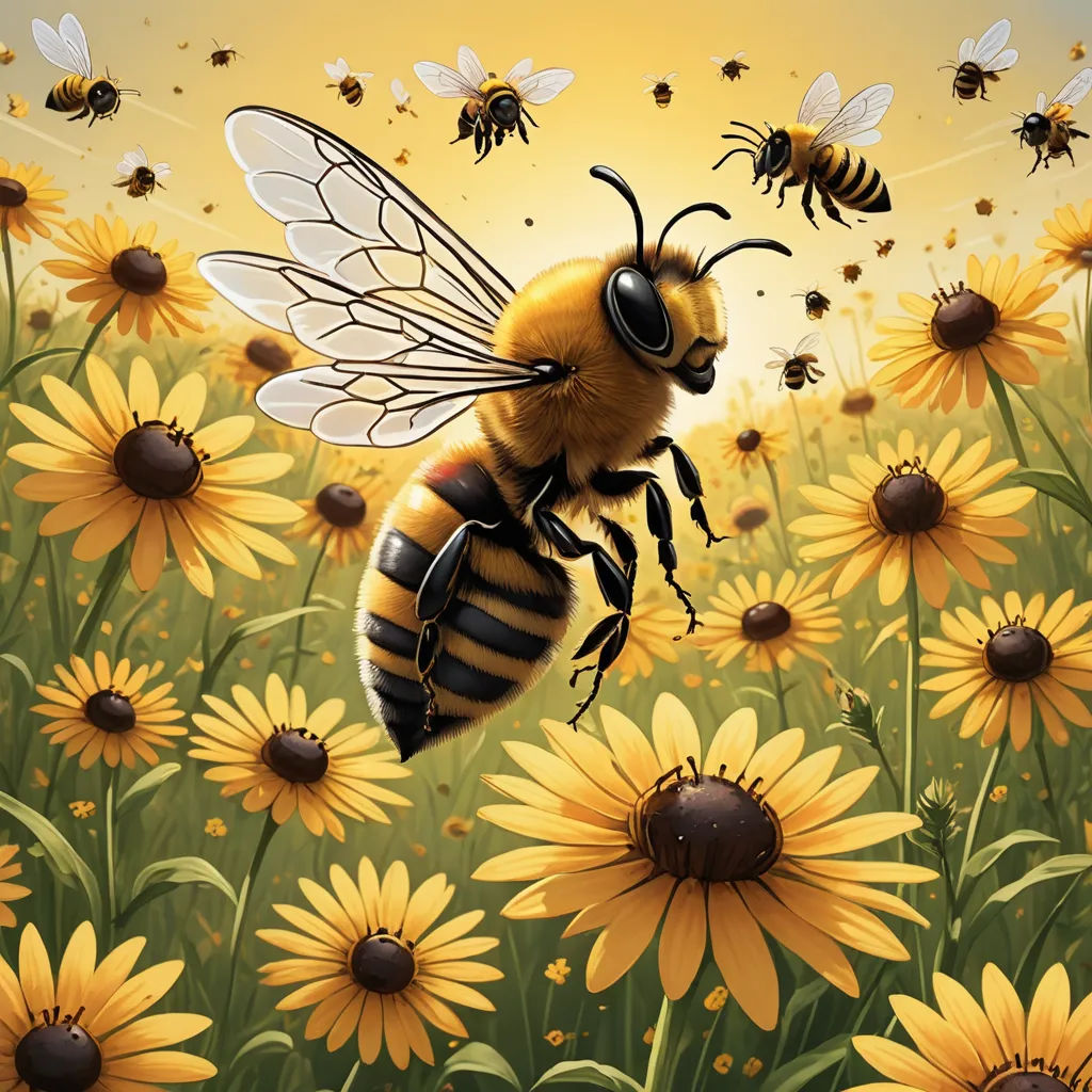a bee flying over a field of sunflowers with bees flying around it and a sunflower in the background, furry art, an illustration of, Chris LaBrooy, highly detailed digital painting