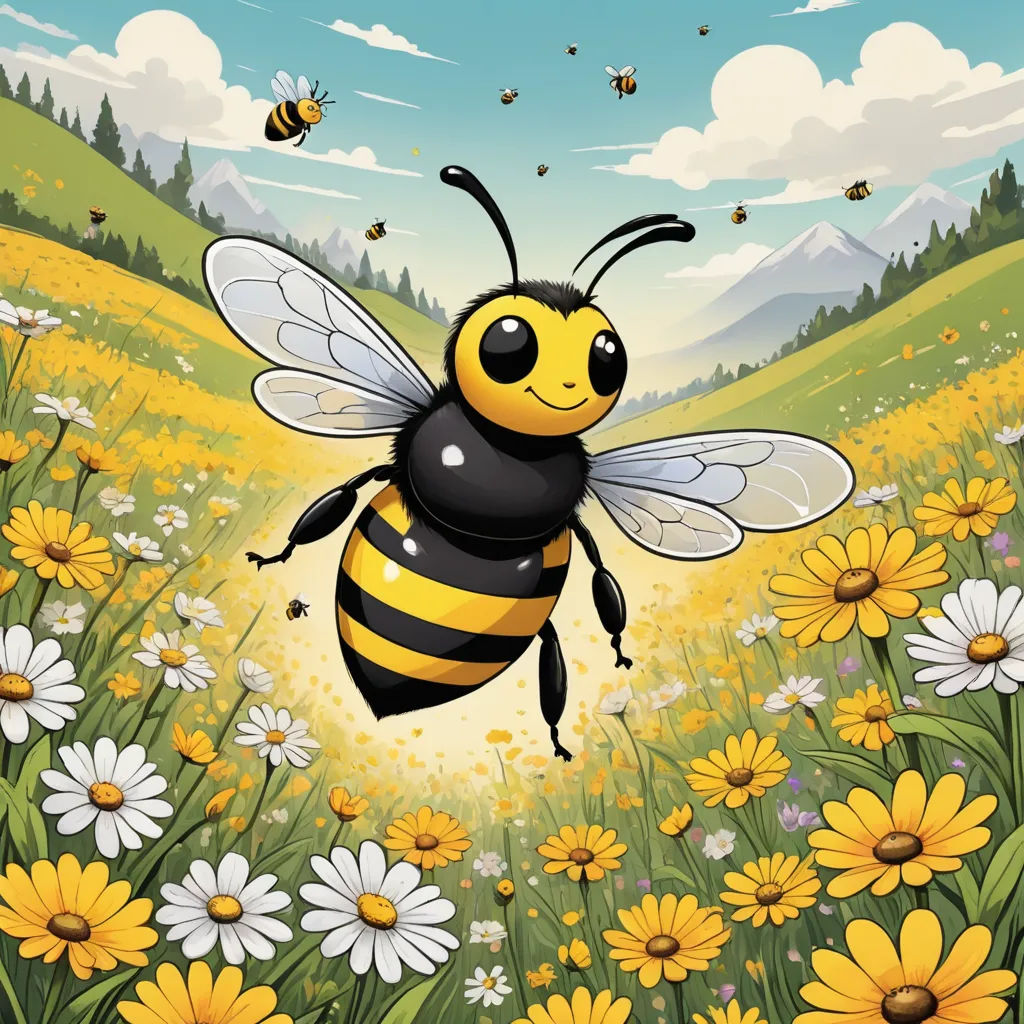 a bee flying over a field of flowers and daisies with a mountain in the background illustration by alex macdo, environmental art, a storybook illustration, Dave Melvin, detailed illustration