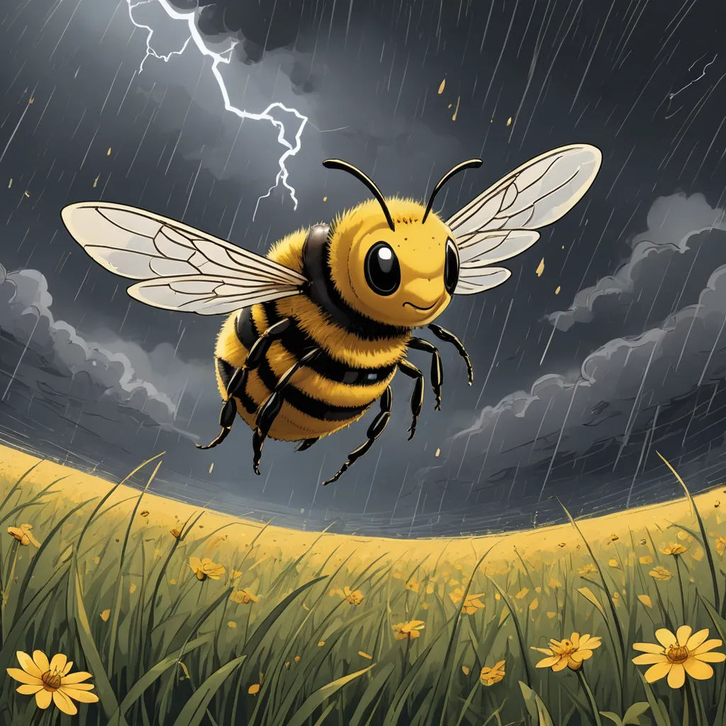 a bee flying in the rain with a lightning in the background and a field of flowers in the foreground, environmental art, a storybook illustration, Chris LaBrooy, comic cover art