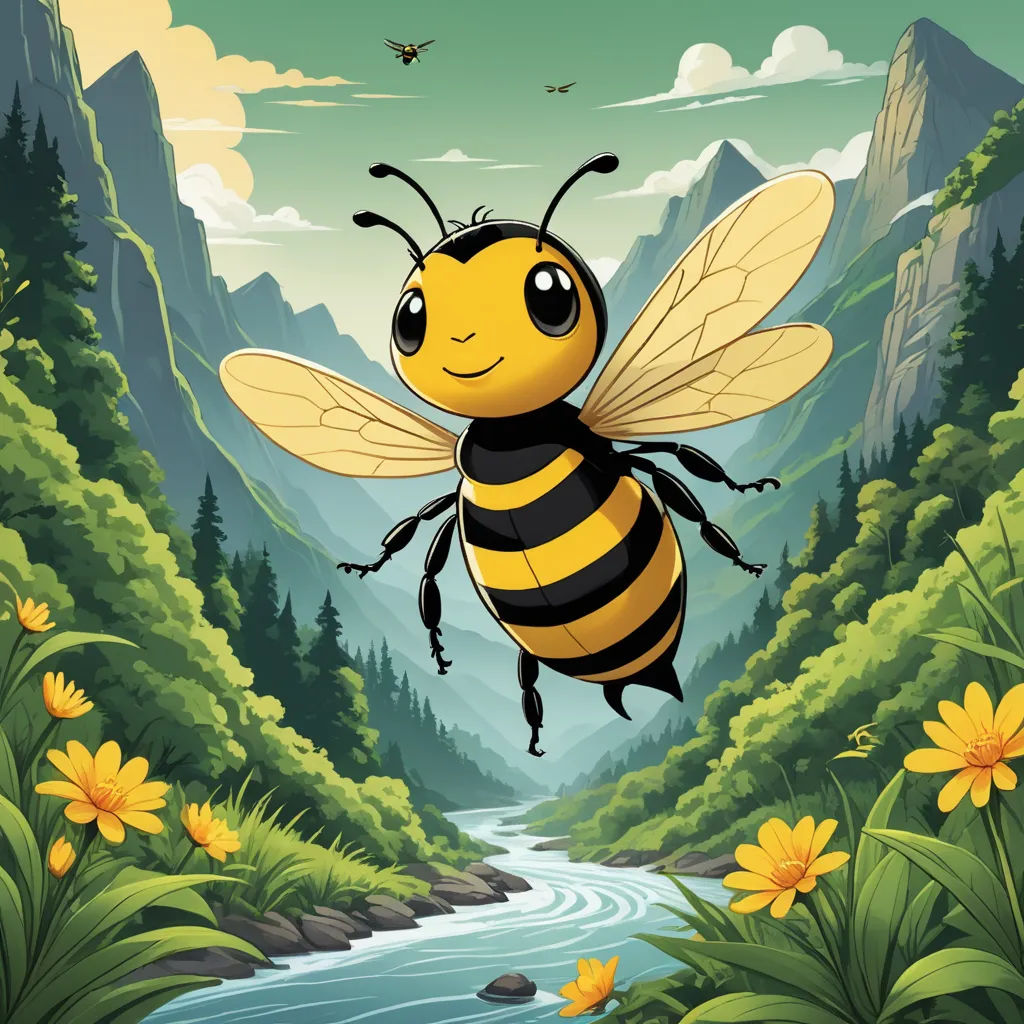 a cartoon bee flying over a river in a forest with mountains and flowers in the background, with a stream running through the center, environmental art, a storybook illustration, Chris LaBrooy, behance hd