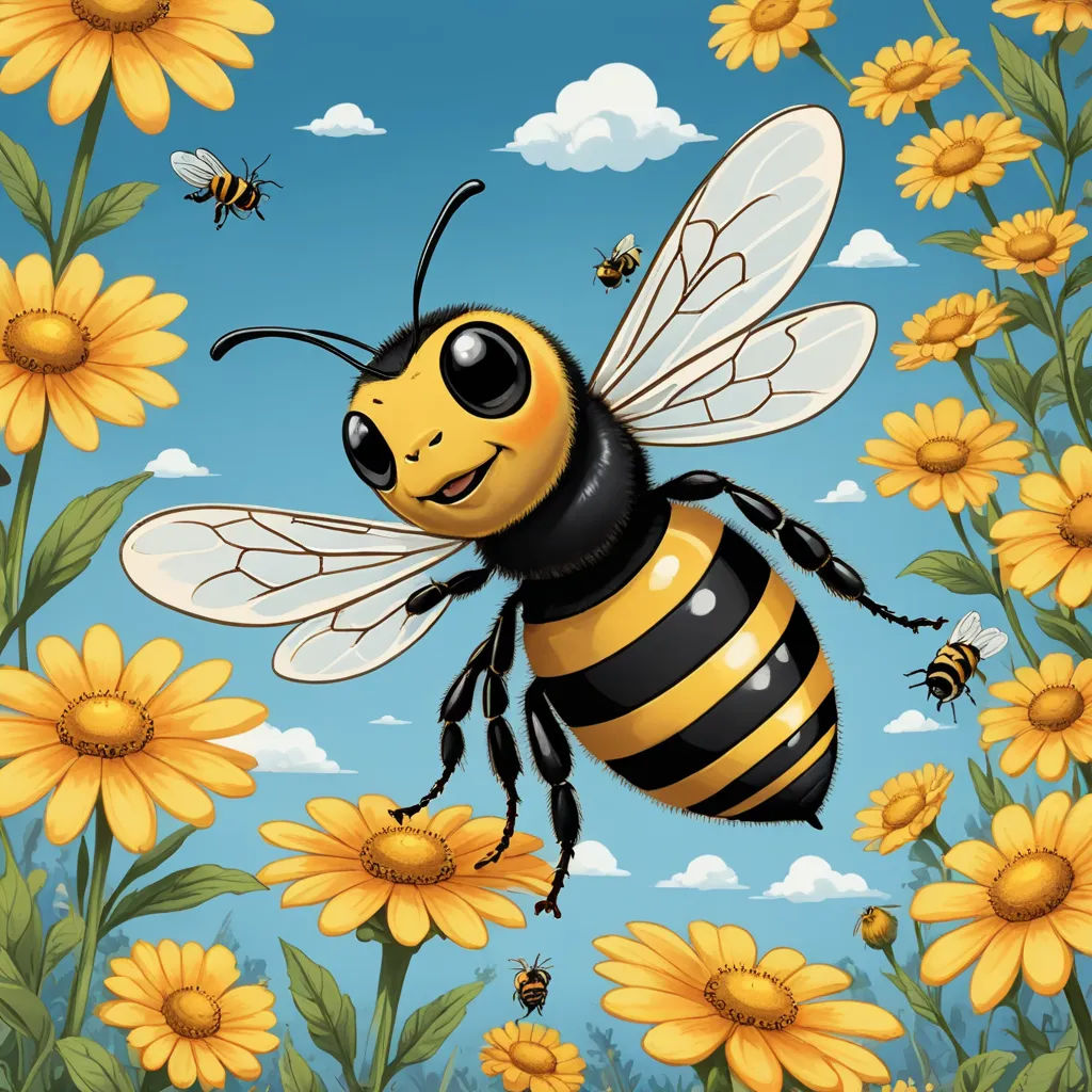 a bee flying over a field of yellow flowers with bees flying around it's wings and head,, pop surrealism, a storybook illustration, Chris LaBrooy, highly detailed digital painting