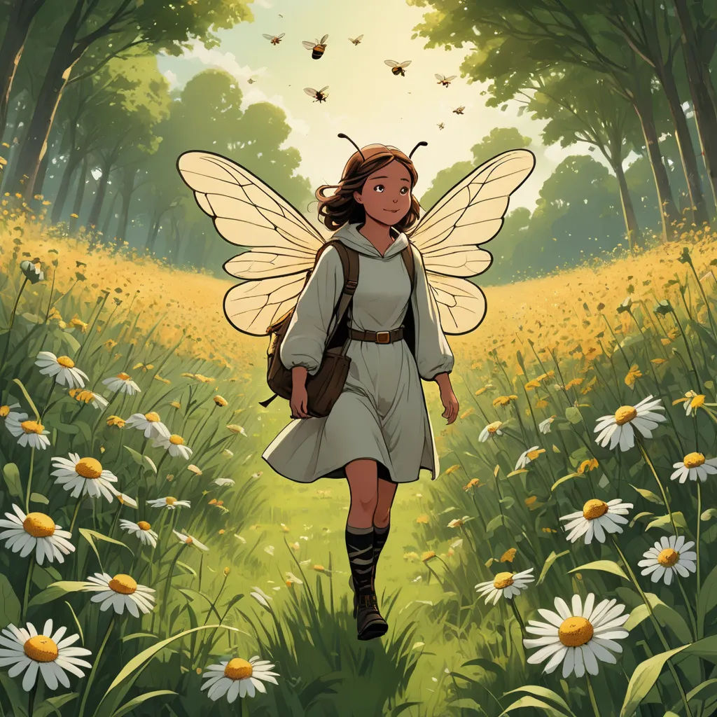 a woman dressed as a fairy walking through a field of daisies and daisies with a butterfly on her back, magical realism, a storybook illustration, Asaf Hanuka, official art