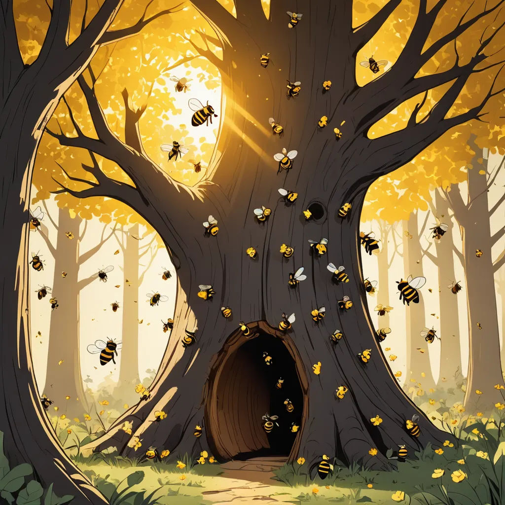 a tree with a tunnel in it surrounded by bees flying around it and a sun shining through the trees, fantasy art, a storybook illustration, David Martin, storybook illustration