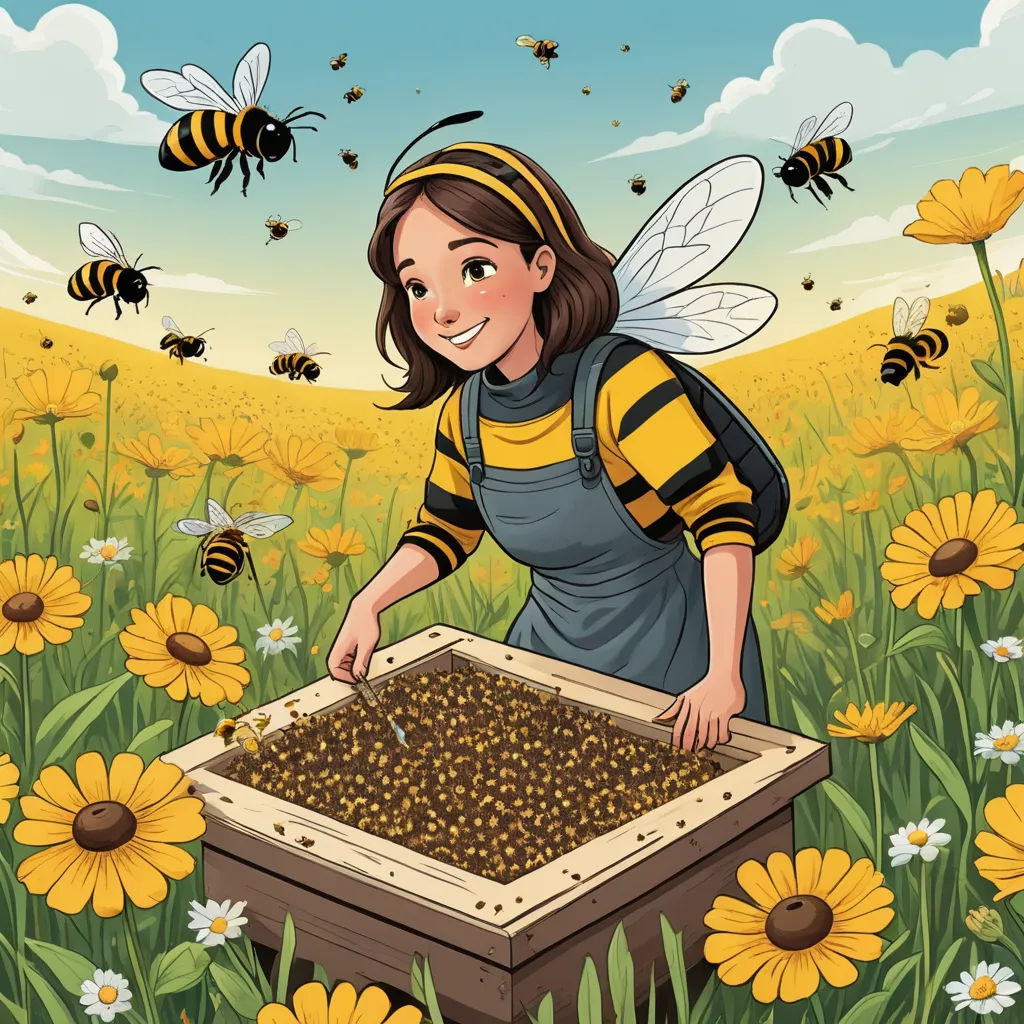 a girl in a bee suit is looking at a beehive in a field of flowers and bees, lyco art, a storybook illustration, Elinor Proby Adams, comic cover art