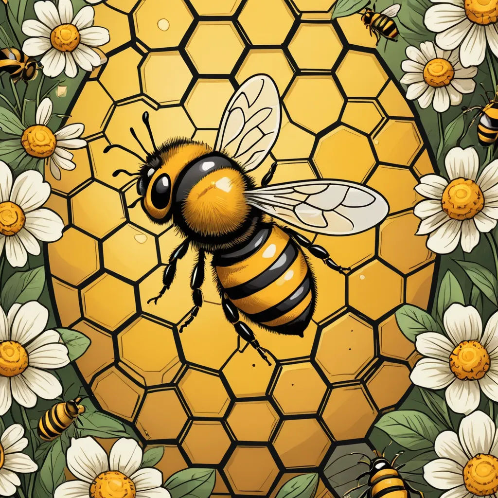 a bee is flying over a honeycomb with daisies and daisies around it, with a honeycomb in the background, generative art, a screenshot, Dan Mumford, detailed illustration
