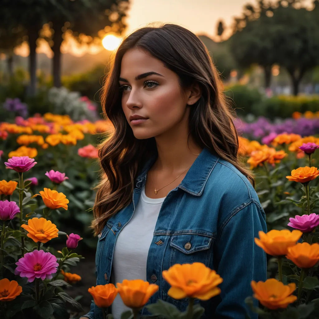 a woman standing in a field of flowers at sunset with a denim jacket on her shoulders and a white shirt on, color field, a stock photo, Dave Melvin, portrait photography