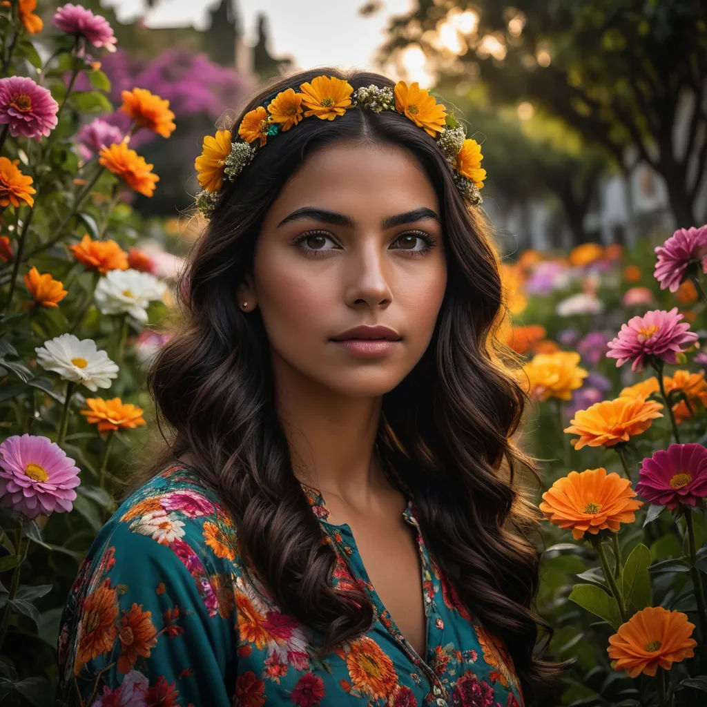 a woman with a flower crown on her head standing in a field of flowers with a sunset in the background, art photography, a stock photo, Dave Melvin, portrait photography