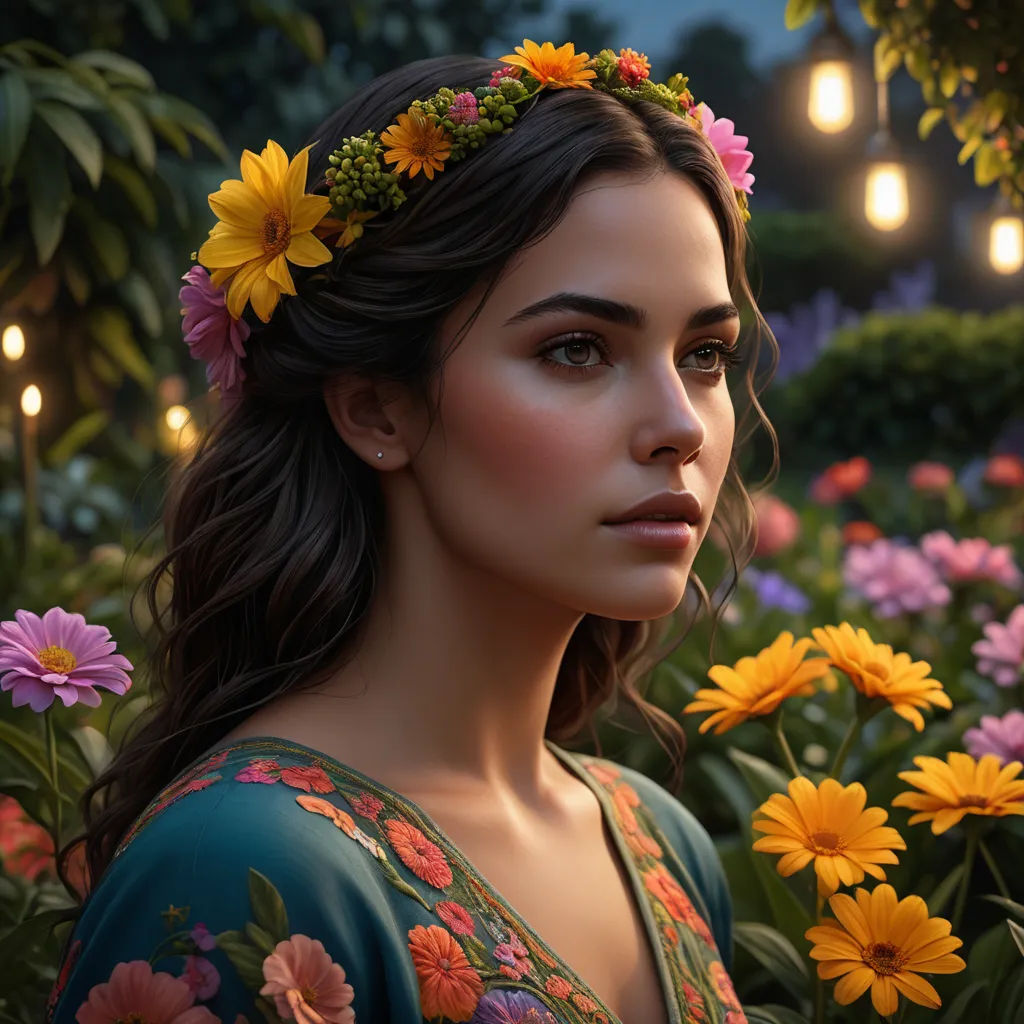 a woman with a flower crown in a garden at night with lights in the background and flowers in her hair, photorealism, a photorealistic painting, Dave Melvin, ultra realistic digital art